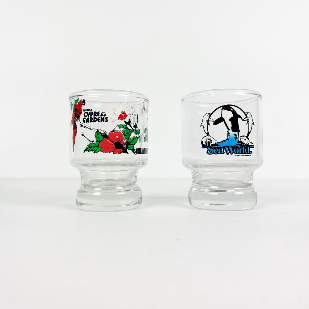 Vintage 90's Cypress Gardens and Sea World shot glasses pair of two